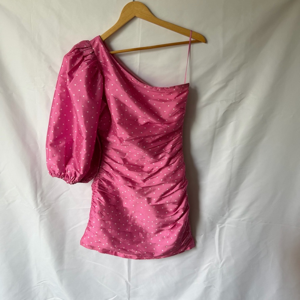 LoveShackFancy Hot Pink Polka Dot One-Shoulder Mini Dress 26 waist